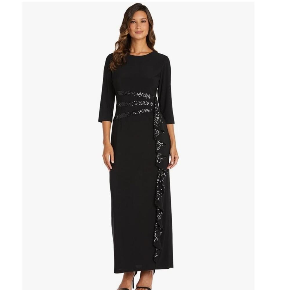 NWT R&M Richards Women's Long and Classic Sequins Cascade Dress Black size 6P